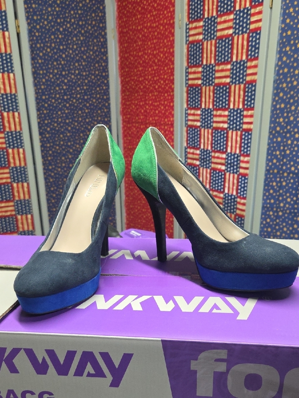 Nine&Co. Navy Suede Heels with Green And Royal Blue Accent.